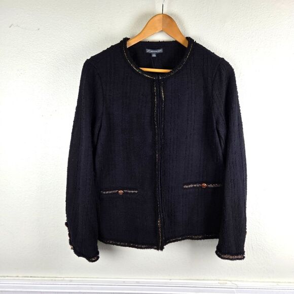 Adrianna Papell Jackets & Blazers - Women's NWT Adrianna Papell Elegant Black Tweed Clasp Frayed Jacket Size Med